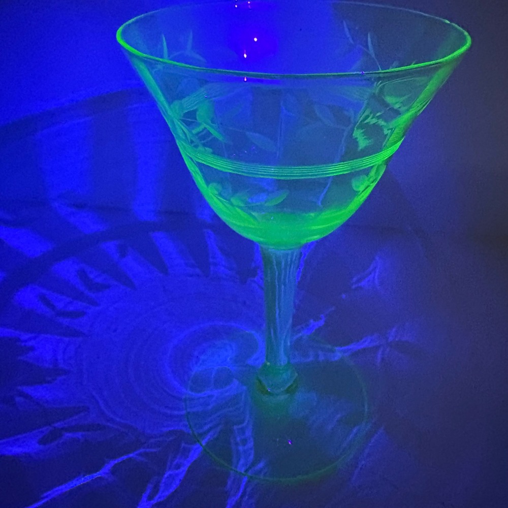 Vintage Etched Floral Uranium Glass Cocktail Martini Glass Green Glow 4.25"